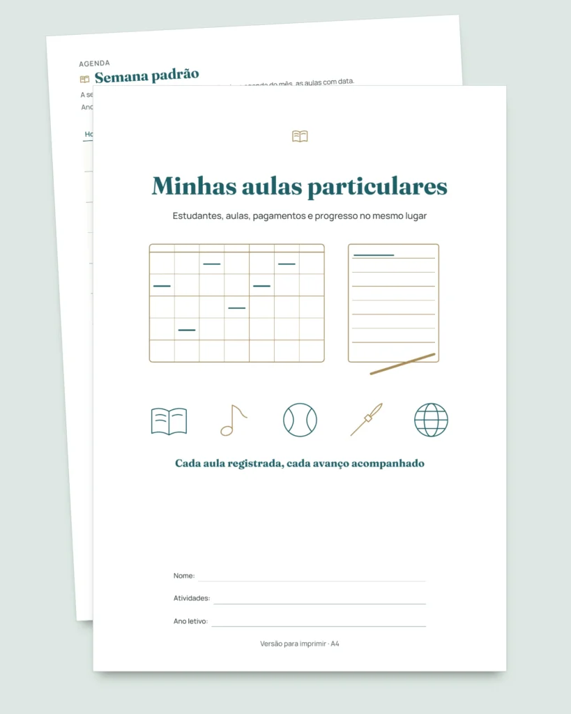 Aulas particulares — planilha de estudantes, aulas e pagamentos + caderno PDF para imprimir (Excel, Google Sheets e LibreOffice)