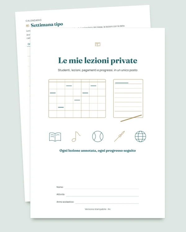 Lezioni private e ripetizioni — cartella di lavoro per lezioni, pagamenti e progressi + quaderno PDF da stampare (Excel, Google Sheets e LibreOffice)
