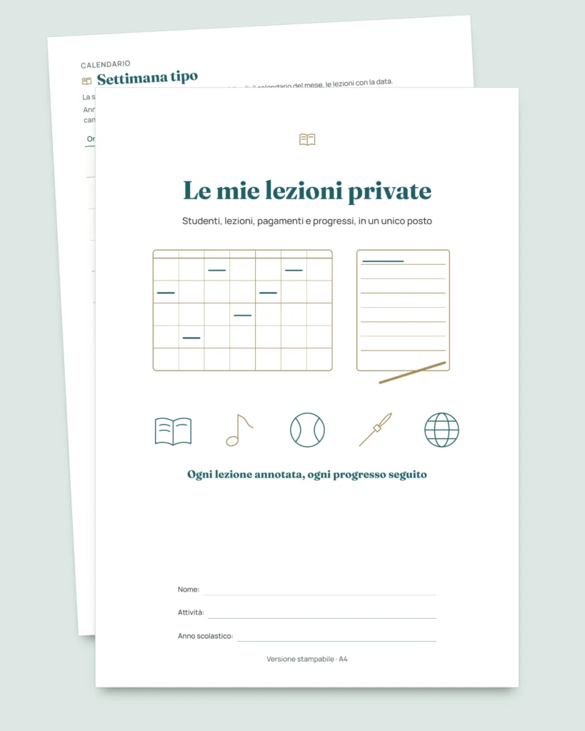 Lezioni private e ripetizioni — cartella di lavoro per lezioni, pagamenti e progressi + quaderno PDF da stampare (Excel, Google Sheets e LibreOffice)