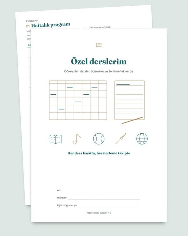 Özel ders takip tablosu — öğrenciler, dersler ve ödemeler için tablo + yazdırılabilir PDF defter (Excel, Google Sheets ve LibreOffice)