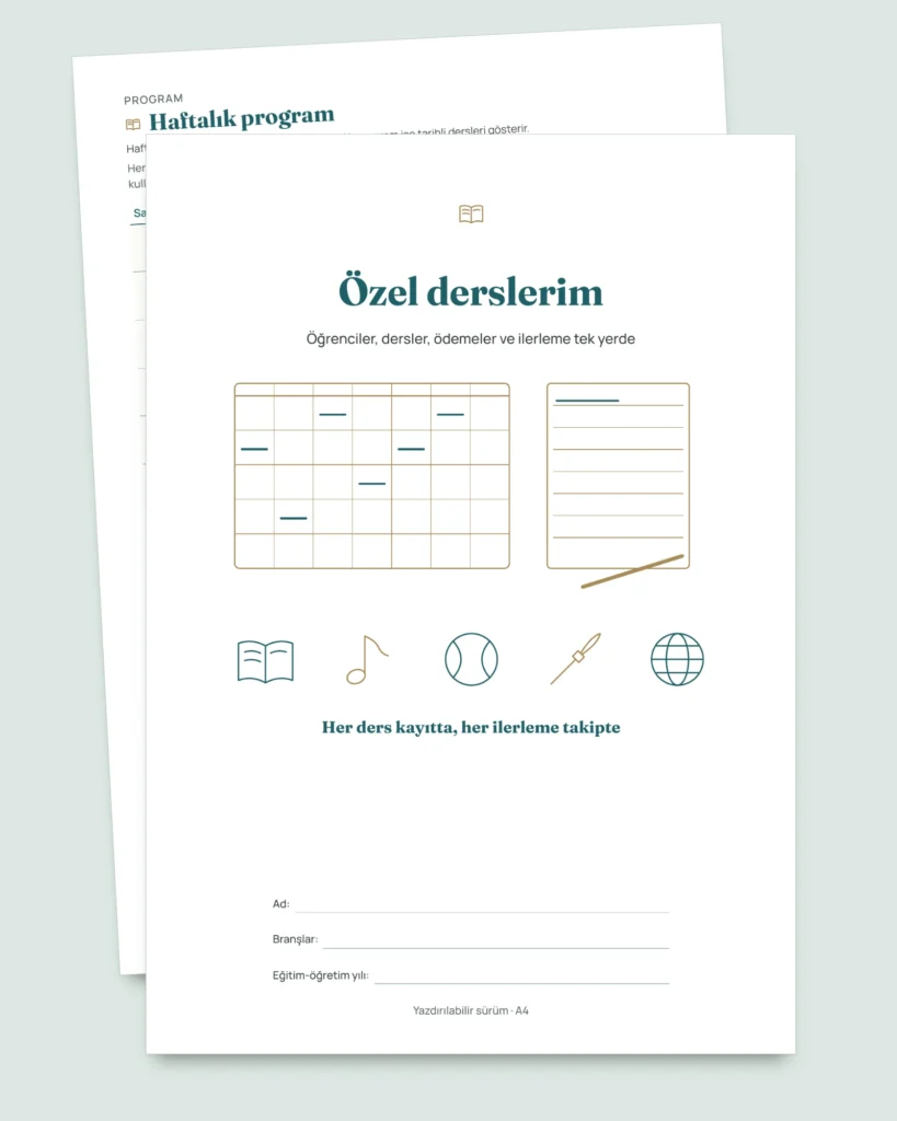 Özel ders takip tablosu — öğrenciler, dersler ve ödemeler için tablo + yazdırılabilir PDF defter (Excel, Google Sheets ve LibreOffice)