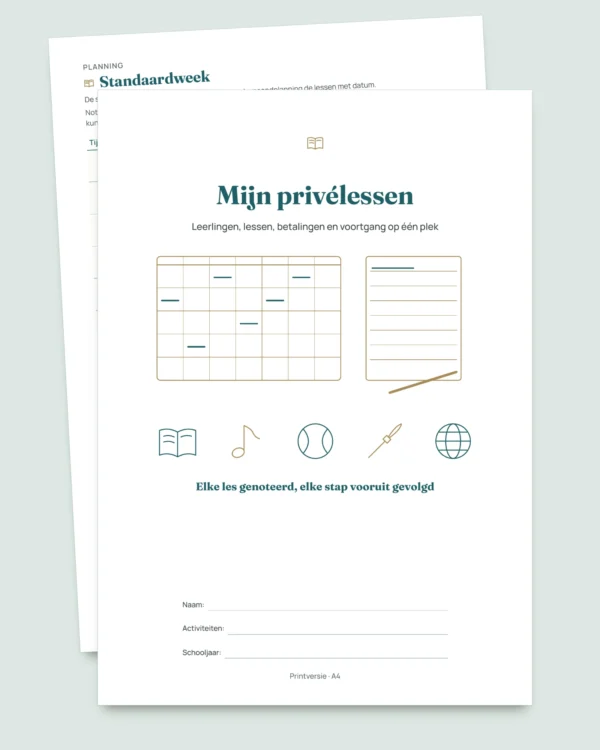 Privélessen & bijles — werkmap voor leerlingen, lessen en betalingen + PDF-boekje om te printen (Excel, Google Sheets en LibreOffice)