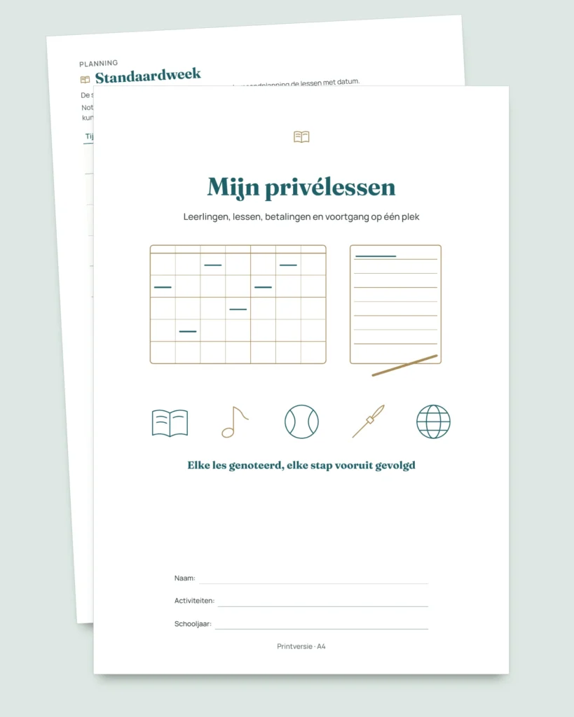 Privélessen & bijles — werkmap voor leerlingen, lessen en betalingen + PDF-boekje om te printen (Excel, Google Sheets en LibreOffice)