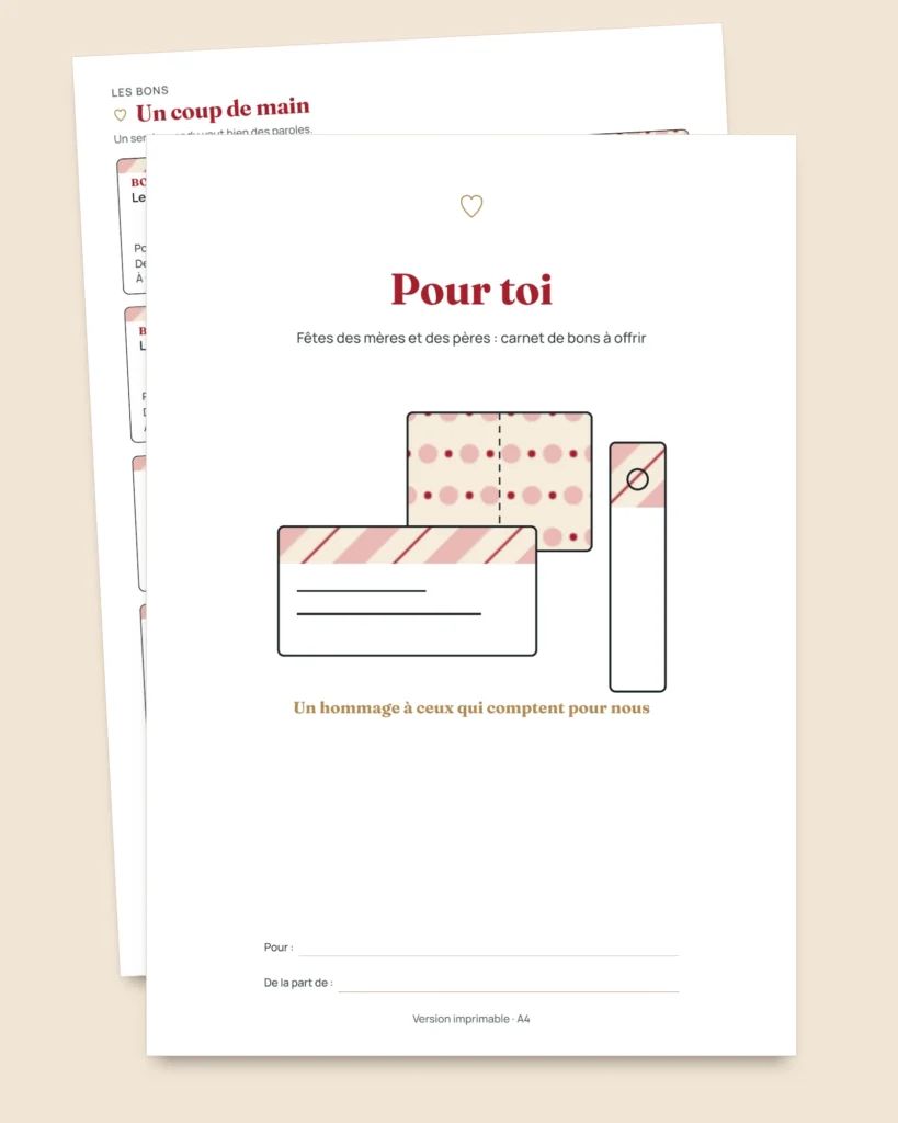 Pour toi — fêtes des mères et des pères : 50 bons à offrir, cartes à plier et marque-pages (PDF A4 et Letter)