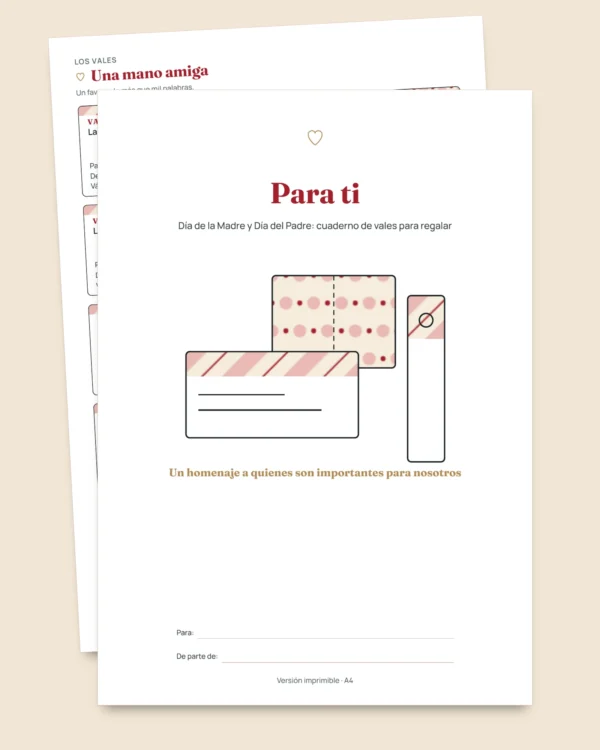 Para ti: Día de la Madre y Día del Padre, 50 vales para regalar, tarjetas para doblar y marcapáginas (PDF A4 y Letter)