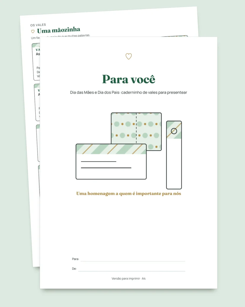 Para você — Dia das Mães e Dia dos Pais: 50 vales para presentear, cartões de dobrar e marcadores de página (PDF A4 e Letter)