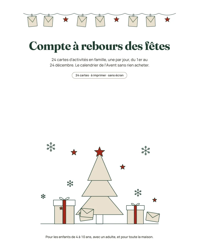 Compte à rebours des fêtes — 24 cartes d'activités en famille à imprimer (calendrier de l'Avent)