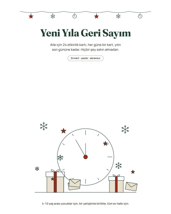 Yeni yıla geri sayım — aile için 24 etkinlik kartı, yazdırılabilir
