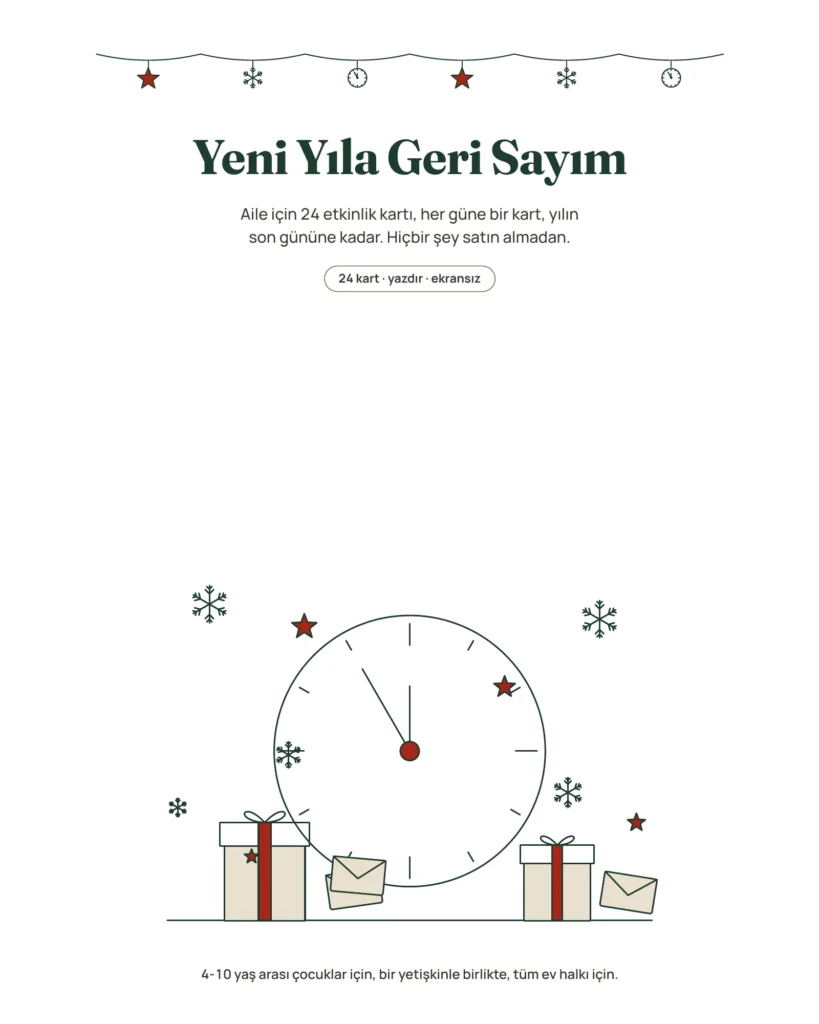Yeni yıla geri sayım — aile için 24 etkinlik kartı, yazdırılabilir