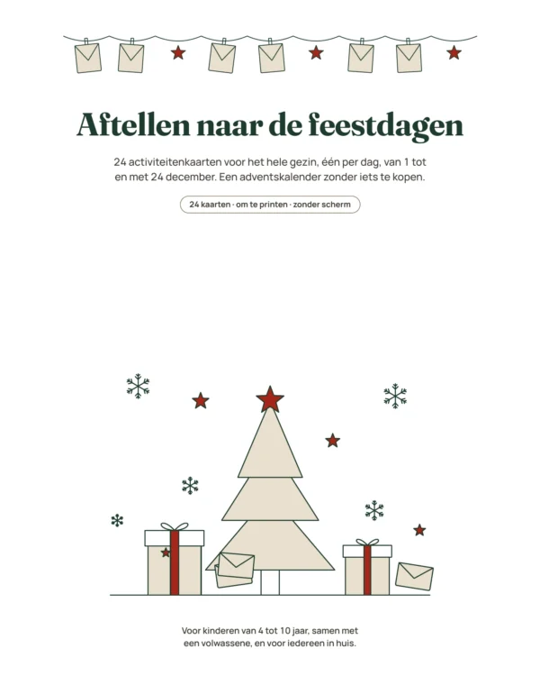 Aftellen naar de feestdagen — adventskalender met 24 activiteitenkaarten voor het gezin om te printen