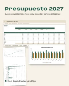Presupuesto 2027 — plantilla Excel y Google Sheets, mes a mes, en tu moneda