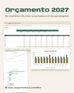 Orçamento 2027 — planilha Excel e Google Planilhas, mês a mês, na sua moeda