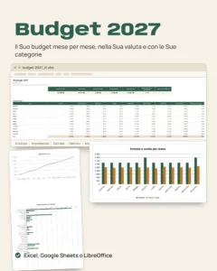 Budget 2027 — foglio Excel e Google Sheets, mese per mese, nella tua valuta