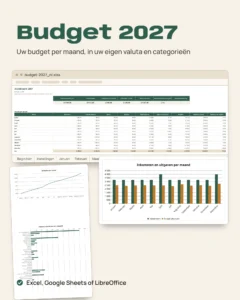 Budget 2027 — huishoudboekje in Excel en Google Sheets, per maand, in je eigen valuta