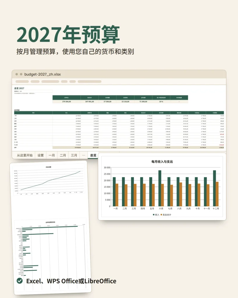 2027年预算 — Excel 与 WPS Office 家庭预算表，按月记录，使用您自己的货币