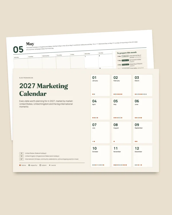 2027 Marketing Calendar — dates by market and post ideas, PDF + spreadsheet + calendar file