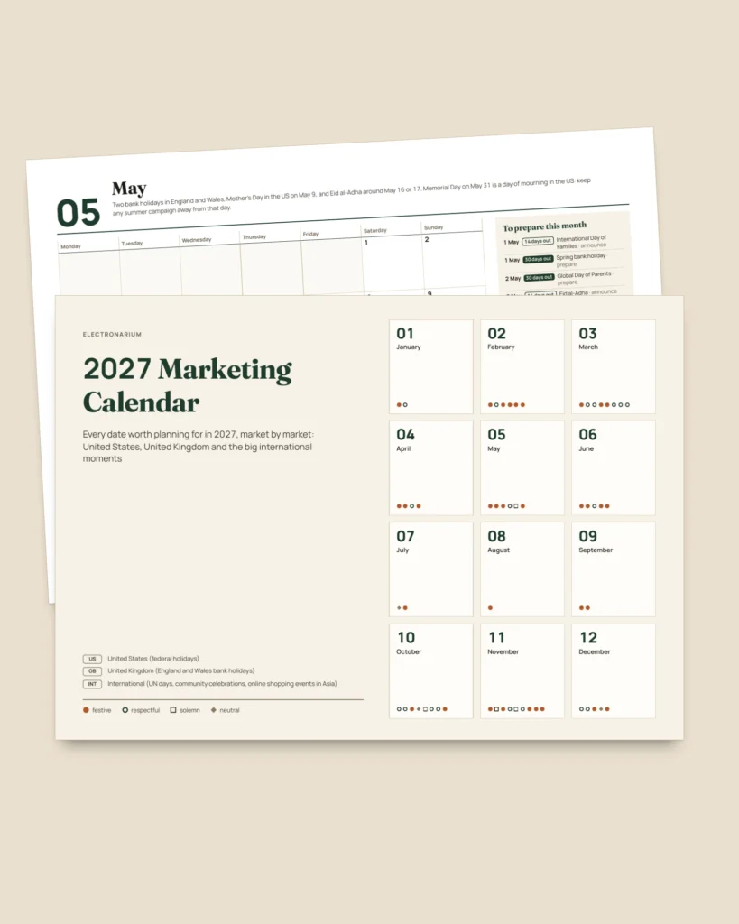 2027 Marketing Calendar — dates by market and post ideas, PDF + spreadsheet + calendar file