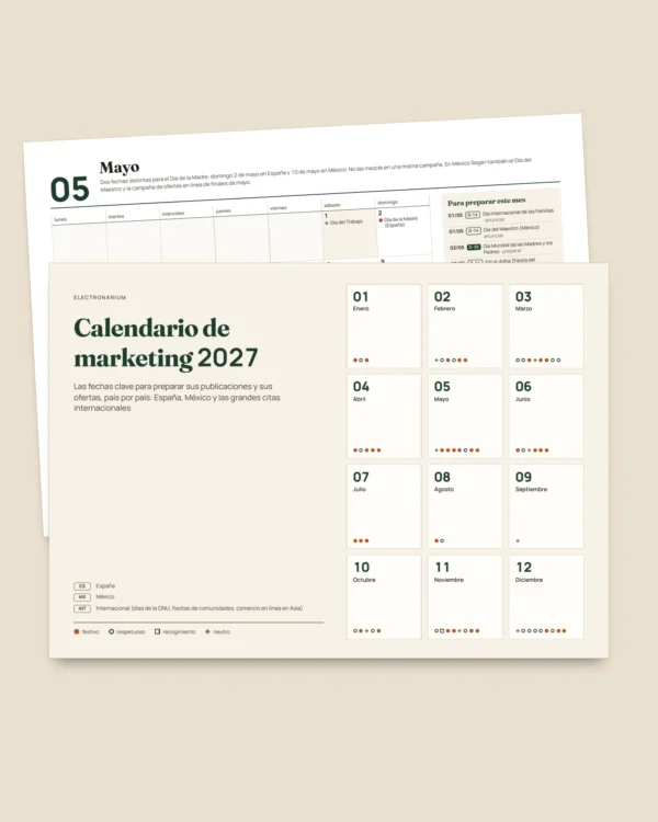 Calendario de marketing 2027 — fechas por país e ideas de publicación, PDF + hoja de cálculo + agenda