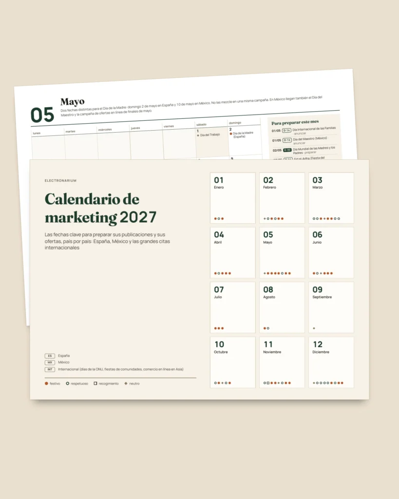 Calendario de marketing 2027 — fechas por país e ideas de publicación, PDF + hoja de cálculo + agenda