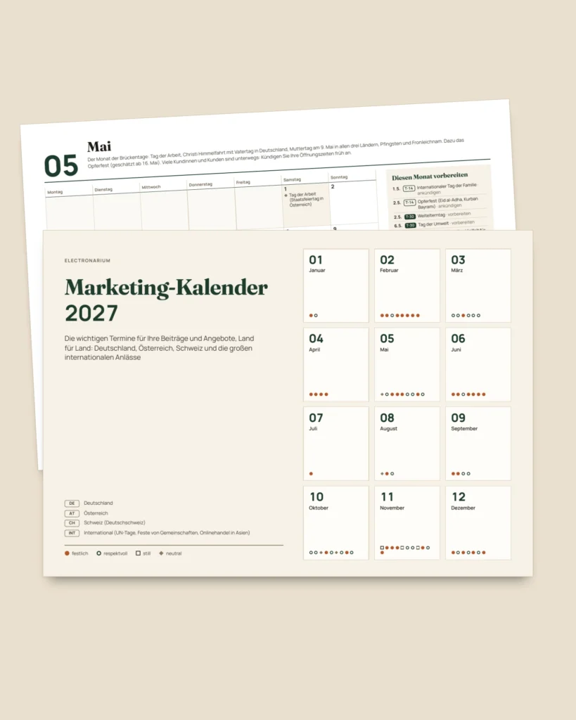 Marketing-Kalender 2027 — Termine nach Land und Ideen für Beiträge, PDF + Tabelle + Kalenderdatei