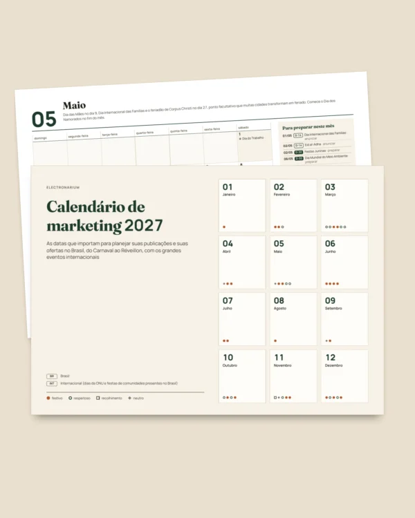 Calendário de marketing 2027 — datas comemorativas do Brasil e ideias de posts, PDF + planilha + agenda