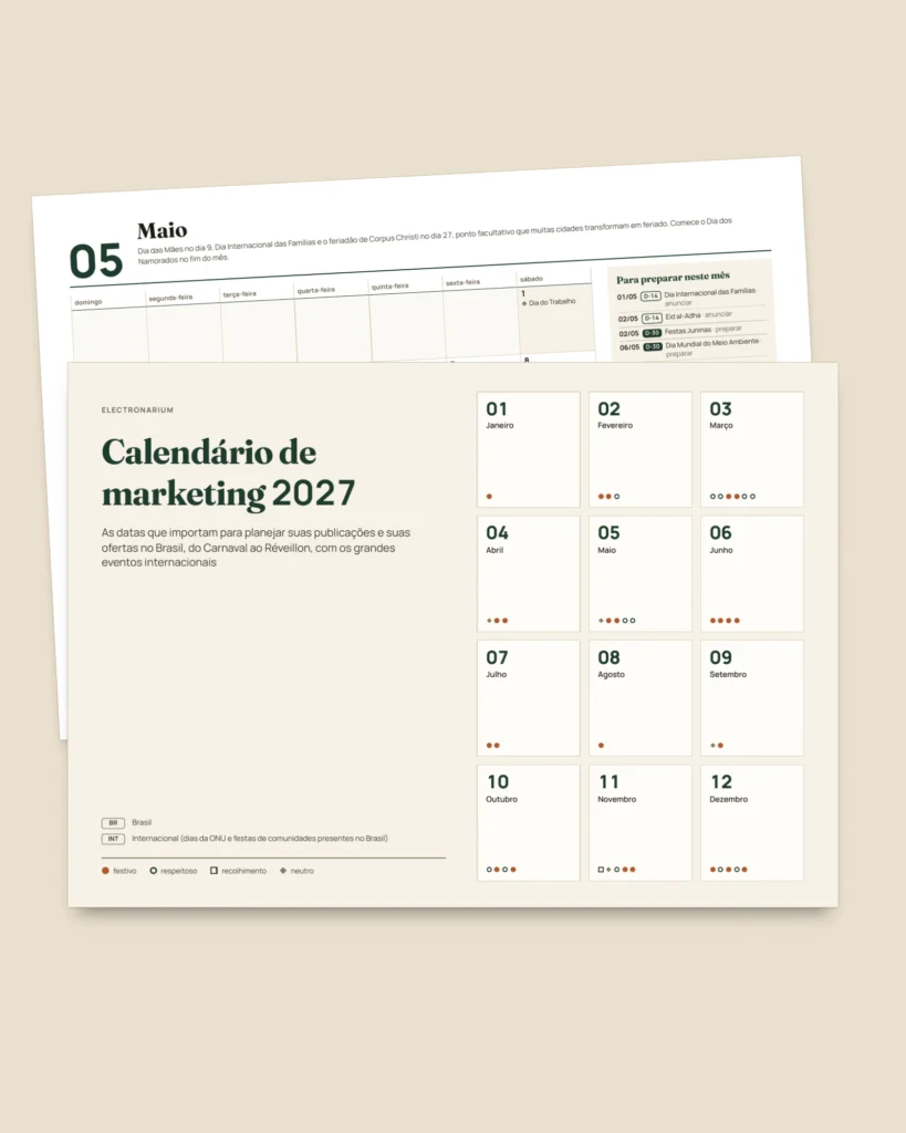 Calendário de marketing 2027 — datas comemorativas do Brasil e ideias de posts, PDF + planilha + agenda