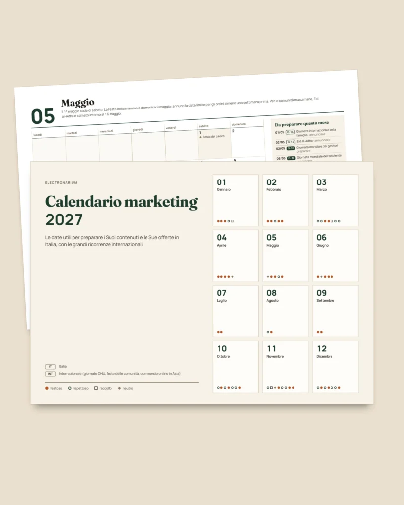 Calendario marketing 2027 — ricorrenze in Italia e idee per i post, PDF + foglio di calcolo + agenda