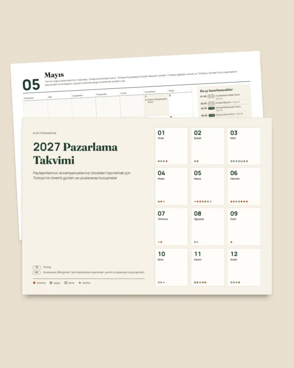 2027 Pazarlama Takvimi — Türkiye'nin özel günleri ve paylaşım fikirleri, PDF + tablo + ajanda dosyası