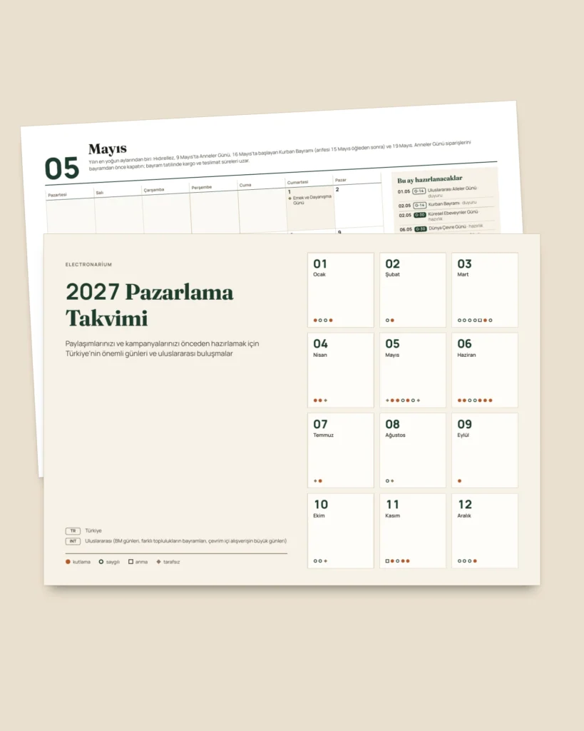 2027 Pazarlama Takvimi — Türkiye'nin özel günleri ve paylaşım fikirleri, PDF + tablo + ajanda dosyası