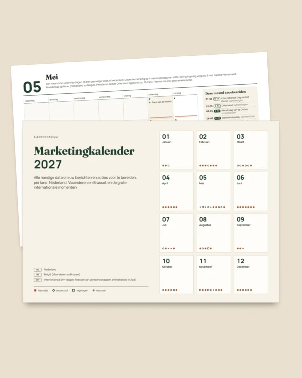 Marketingkalender 2027 — data per land en ideeën voor berichten, pdf + spreadsheet + agendabestand