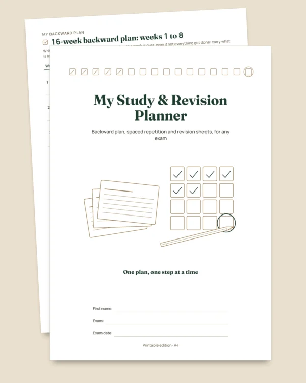Exam Study & Revision Planner — backward plan, spaced repetition and fill-in revision sheets (undated PDF)