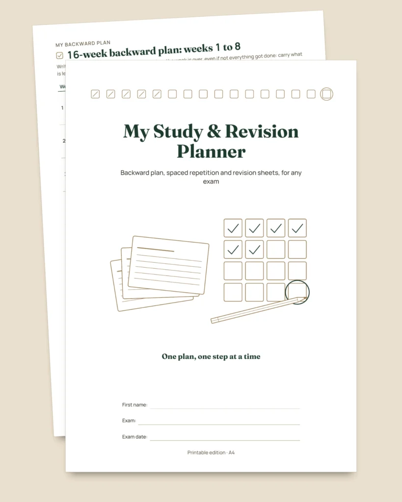 Exam Study & Revision Planner — backward plan, spaced repetition and fill-in revision sheets (undated PDF)