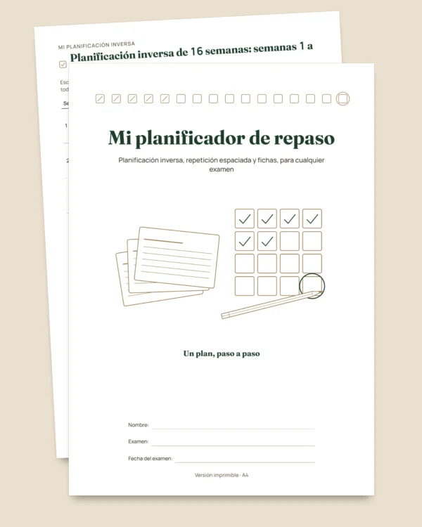 Planificador de repaso para exámenes — planificación inversa, repetición espaciada y fichas para rellenar (PDF sin fechas)