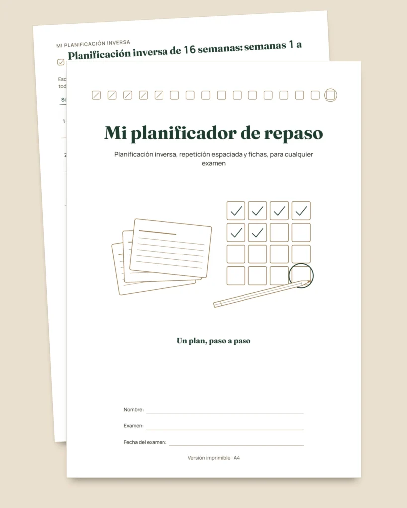 Planificador de repaso para exámenes — planificación inversa, repetición espaciada y fichas para rellenar (PDF sin fechas)