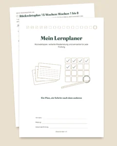 Lernplaner für Prüfungen — Rückwärtsplan, verteilte Wiederholung und Lernzettel zum Ausfüllen (undatiertes PDF)