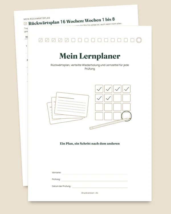 Lernplaner für Prüfungen — Rückwärtsplan, verteilte Wiederholung und Lernzettel zum Ausfüllen (undatiertes PDF)