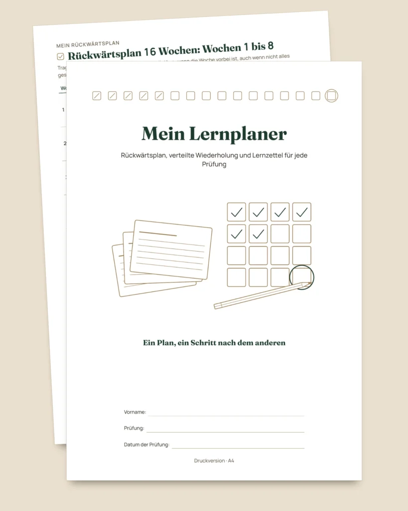 Lernplaner für Prüfungen — Rückwärtsplan, verteilte Wiederholung und Lernzettel zum Ausfüllen (undatiertes PDF)