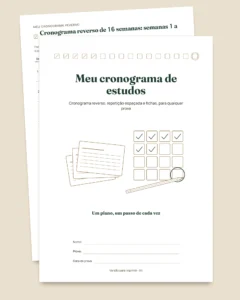 Cronograma de estudos para provas — cronograma reverso, repetição espaçada e fichas para preencher (PDF sem datas)