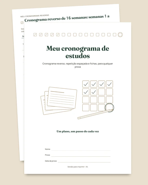 Cronograma de estudos para provas — cronograma reverso, repetição espaçada e fichas para preencher (PDF sem datas)