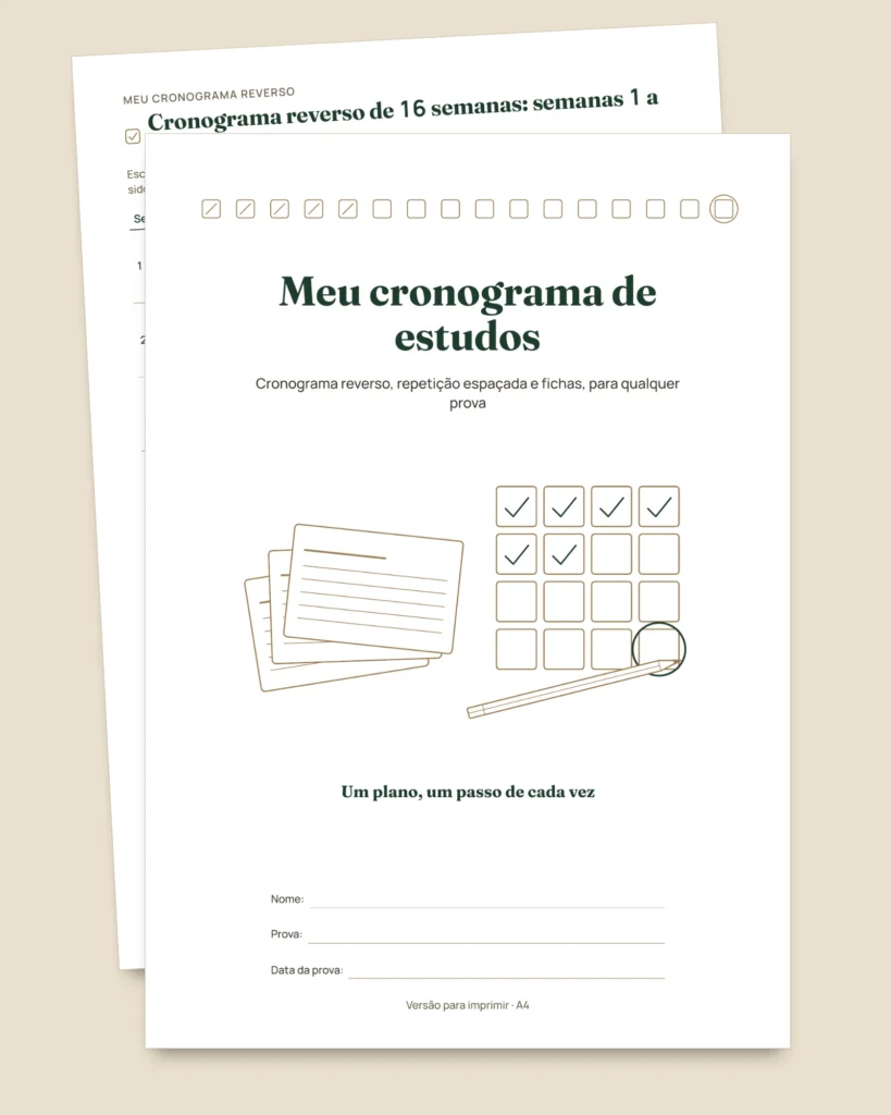 Cronograma de estudos para provas — cronograma reverso, repetição espaçada e fichas para preencher (PDF sem datas)