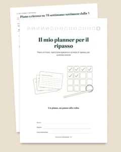 Planner per il ripasso degli esami — piano a ritroso, ripetizione spaziata e schede da compilare (PDF non datato)