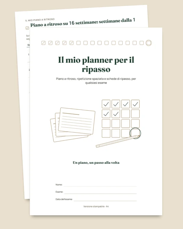 Planner per il ripasso degli esami — piano a ritroso, ripetizione spaziata e schede da compilare (PDF non datato)