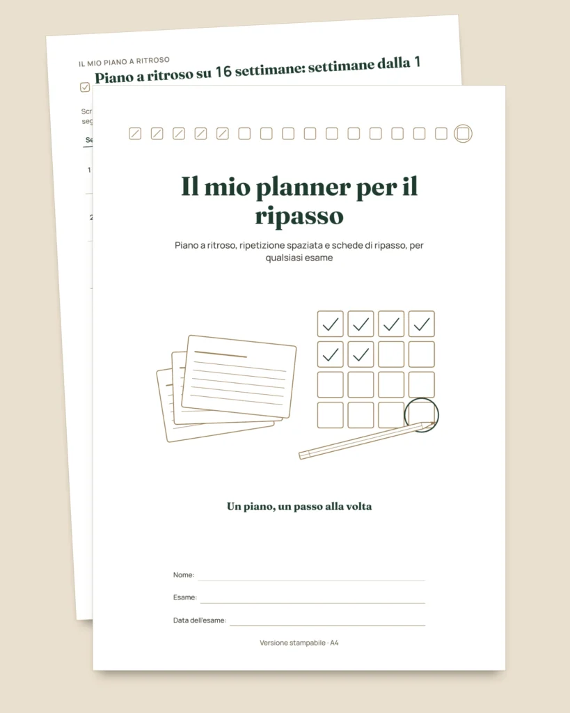 Planner per il ripasso degli esami — piano a ritroso, ripetizione spaziata e schede da compilare (PDF non datato)