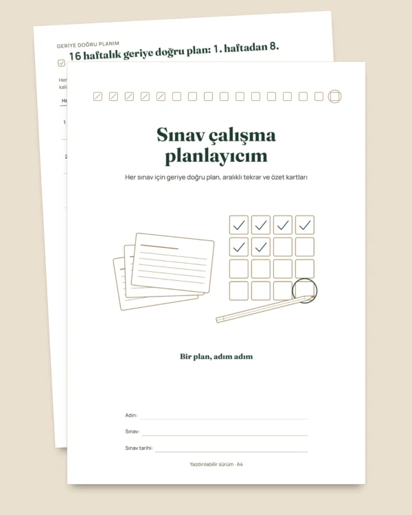 Sınav çalışma planlayıcısı — geriye doğru plan, aralıklı tekrar ve doldurulabilir özet kartları (tarihsiz PDF)