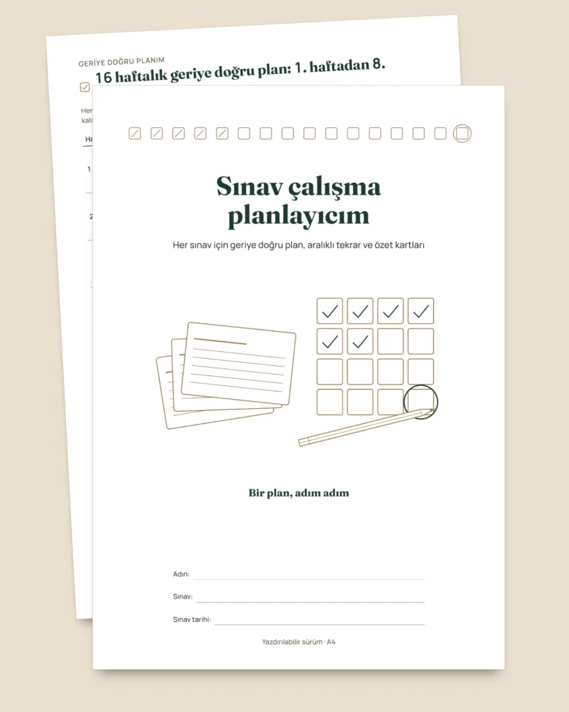 Sınav çalışma planlayıcısı — geriye doğru plan, aralıklı tekrar ve doldurulabilir özet kartları (tarihsiz PDF)