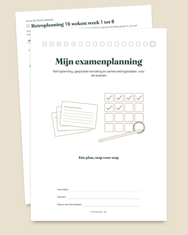 Examenplanning — retroplanning, gespreide herhaling en samenvattingsbladen om in te vullen (pdf zonder datums)