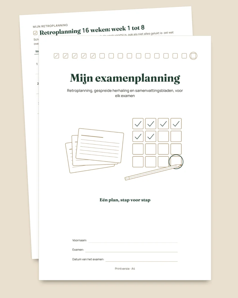 Examenplanning — retroplanning, gespreide herhaling en samenvattingsbladen om in te vullen (pdf zonder datums)