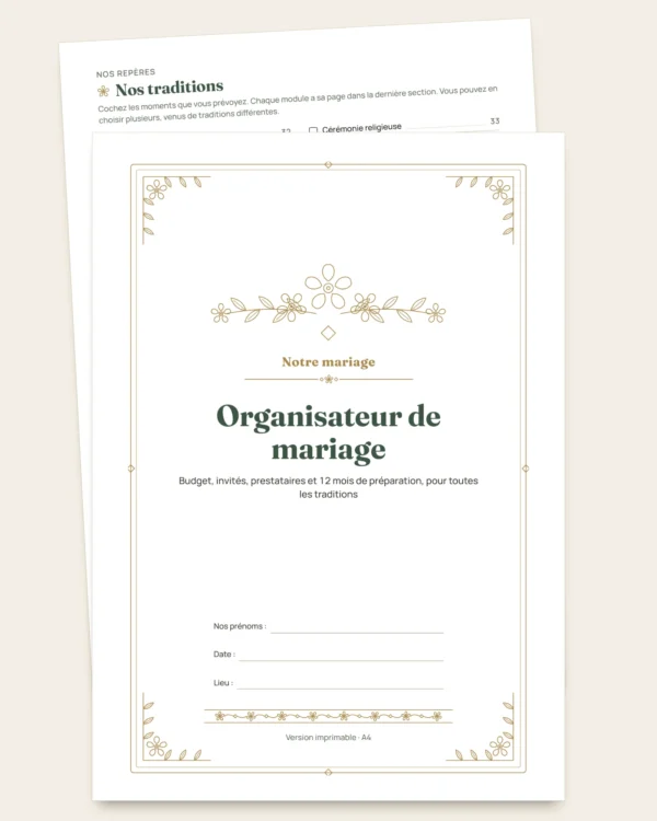 Organisateur de mariage — carnet PDF et classeur de budget, quelle que soit votre tradition