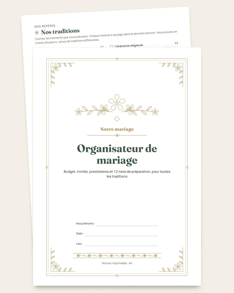 Organisateur de mariage — carnet PDF et classeur de budget, quelle que soit votre tradition