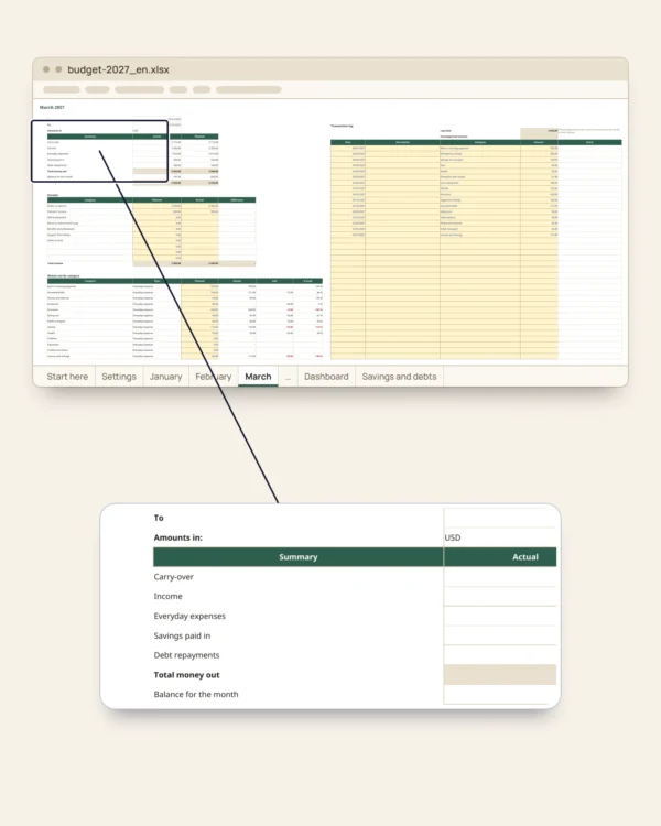 Budget 2027 — Excel and Google Sheets budget spreadsheet, month by month, in your currency